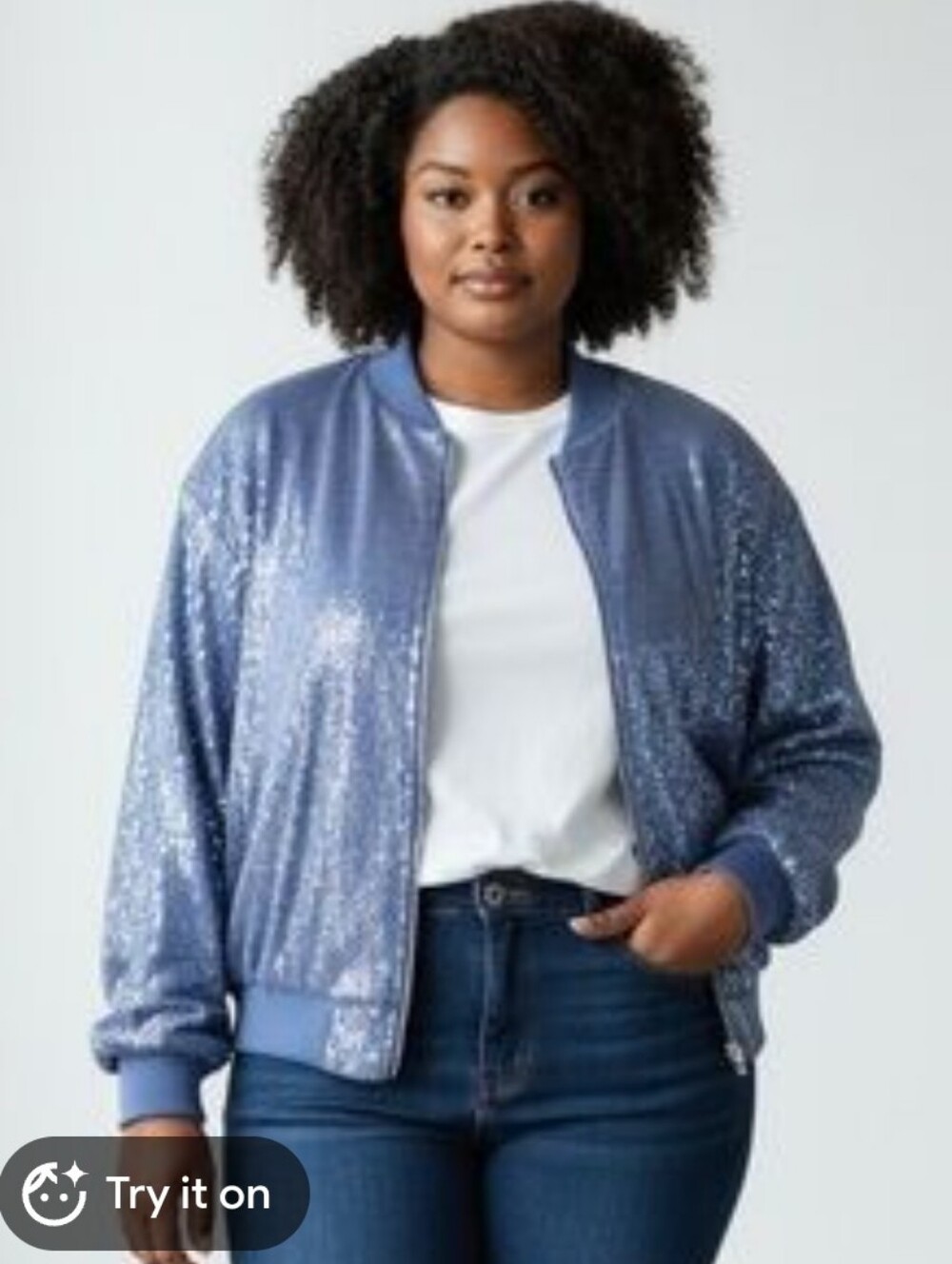 Nina Parker Plus Sequin Bomber Jacket And Matching Pants Set - Blue